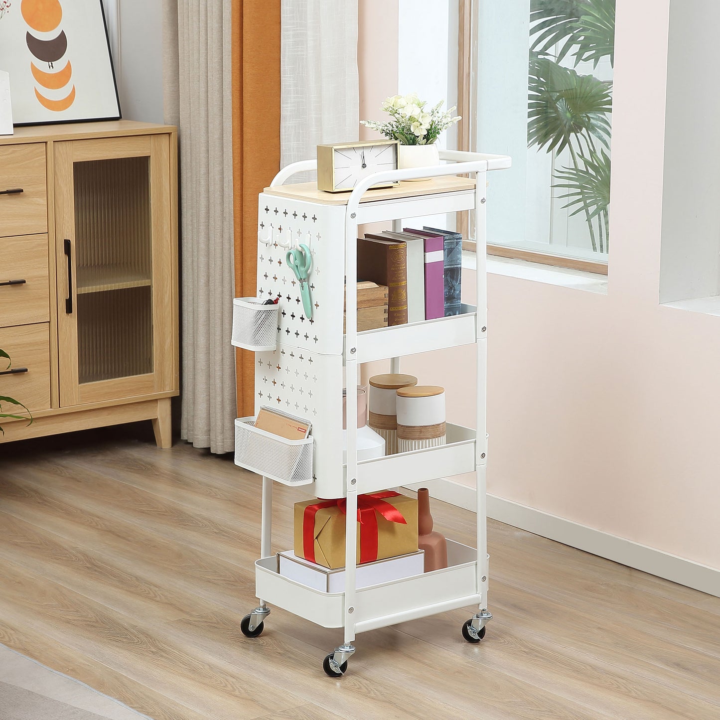 HOMCOM 4-Tier Rolling Metal Storage Cart, Utility Serving Cart with DIY Steel Pegboards & Lid for Kitchen, Home Office, White | Aosom Canada