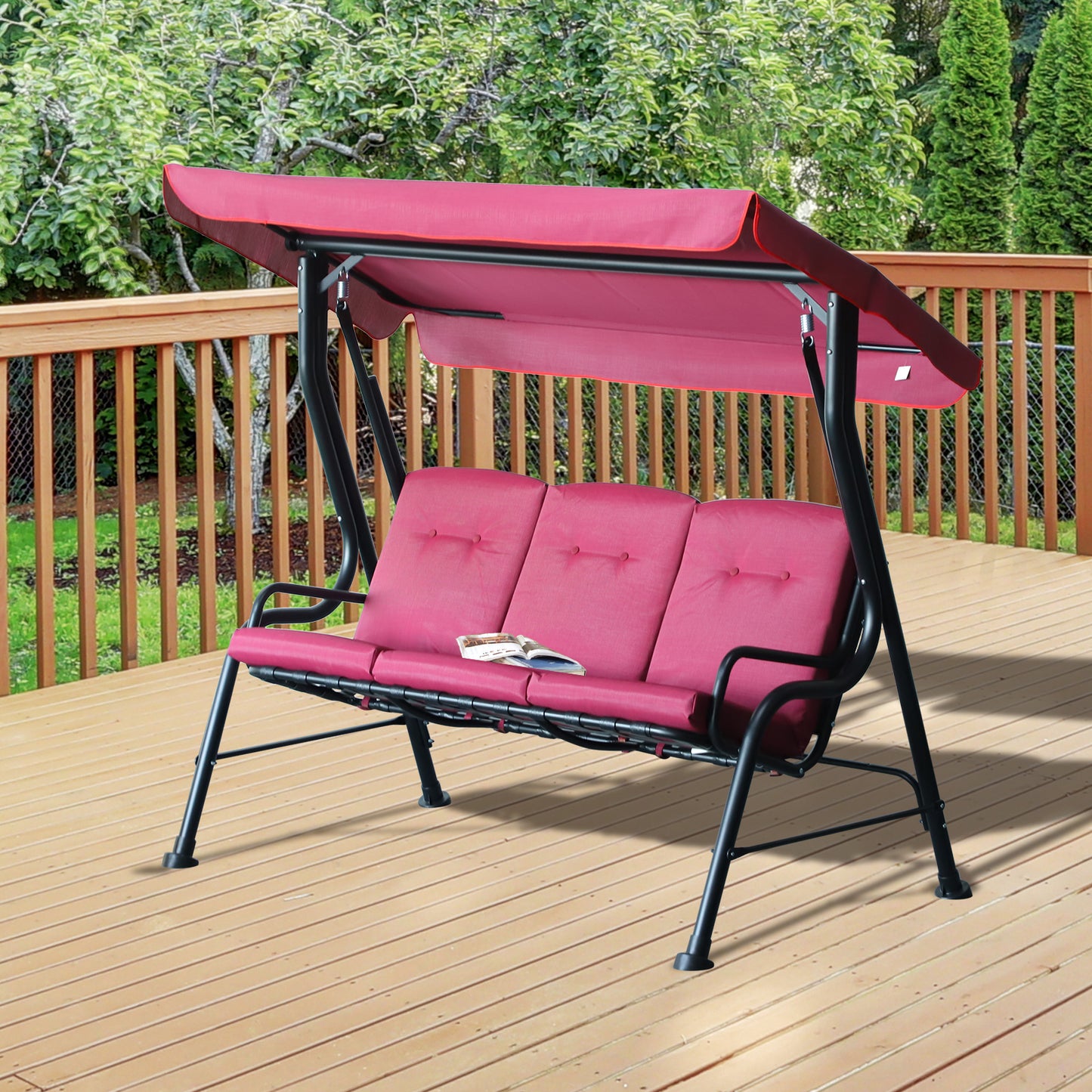 Outsunny Outdoor 3-person Metal Porch Swing Chair with Canopy for Patio Garden Backyard Poolside, Wine Red | Aosom Canada