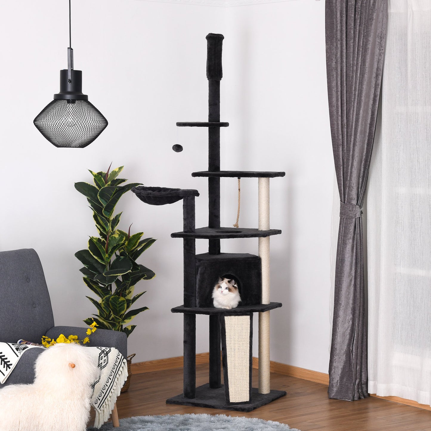 PawHut Huge Cat Tree Floor to Ceiling Adjustable 82.75"-94.5" Activity Center High Kitten Multi-Level Condo with Scratching Pad Hammock | Aosom Canada