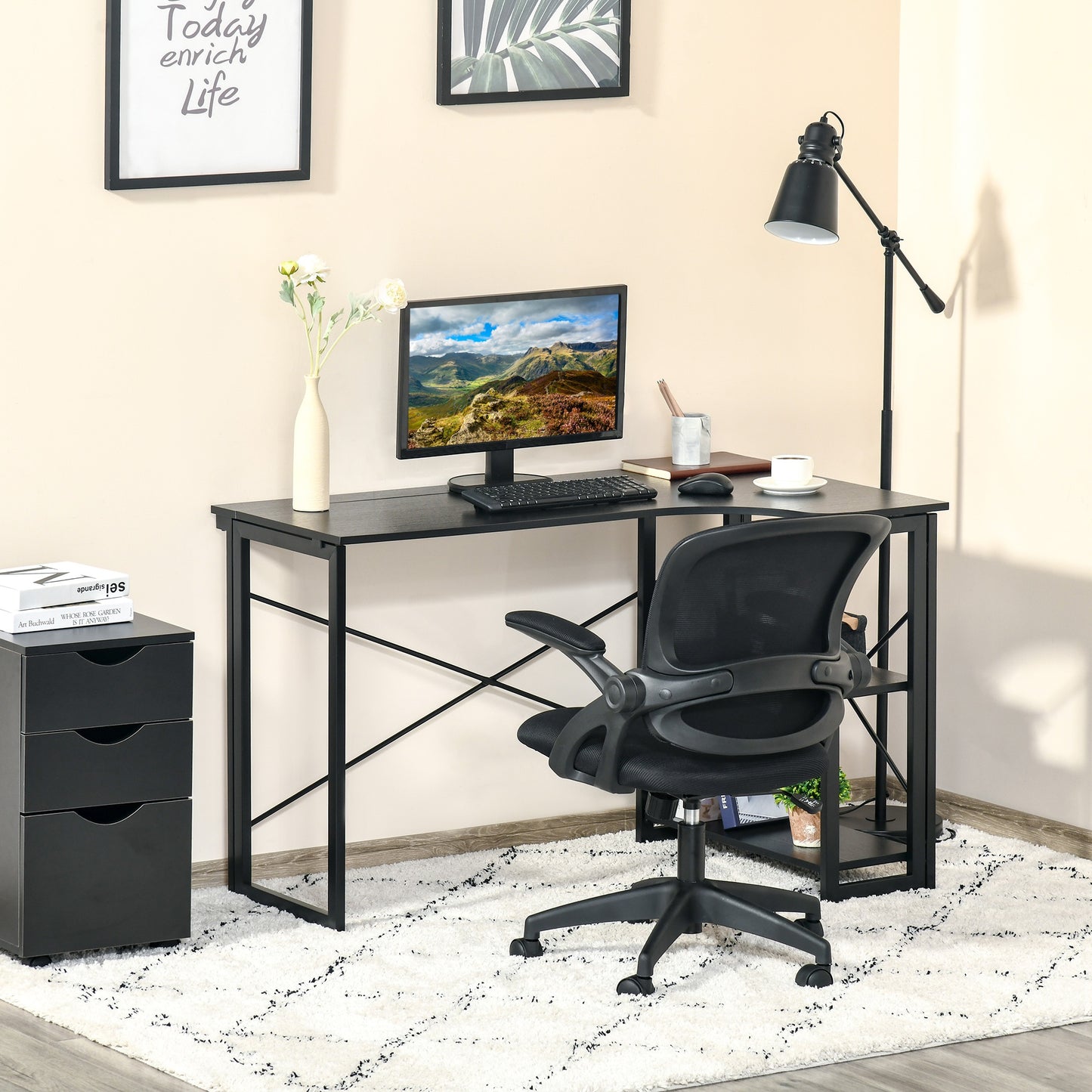 HOMCOM L-Shaped Computer Desk, Folding Home Office Corner Desk Study Workstation Table with 2 Shelves, Black | Aosom Canada