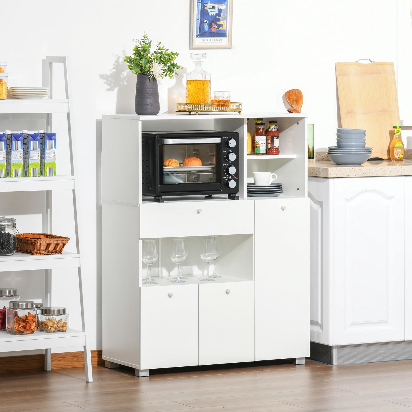 HOMCOM Compact Kitchen Pantry Buffet Server Hutch Storage Cabinet  with Microwave Oven Stand Drawer and Shelves, White | Aosom Canada