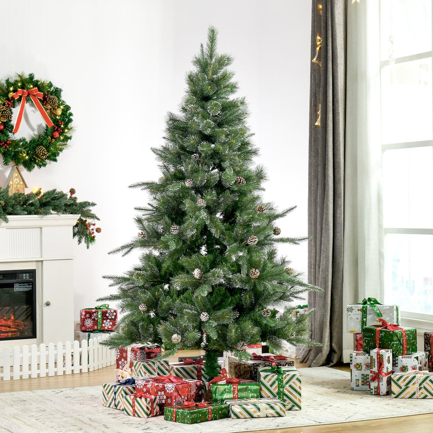 HOMCM 6FT Artificial Christmas Snow Pine Tree Holiday Home Xmas Decoration with Automatic Open, Pinecone, Green | Aosom Canada
