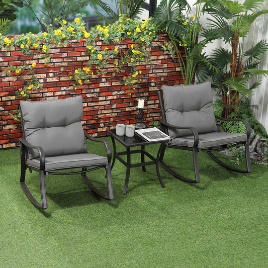 Outsunny 3 Pieces Rocking Chairs Table Set, Outdoor Furniture with 2 Rockers 1 Coffee Table, Padded Cushion Steel Frame, Charcoal Grey | Aosom Canada