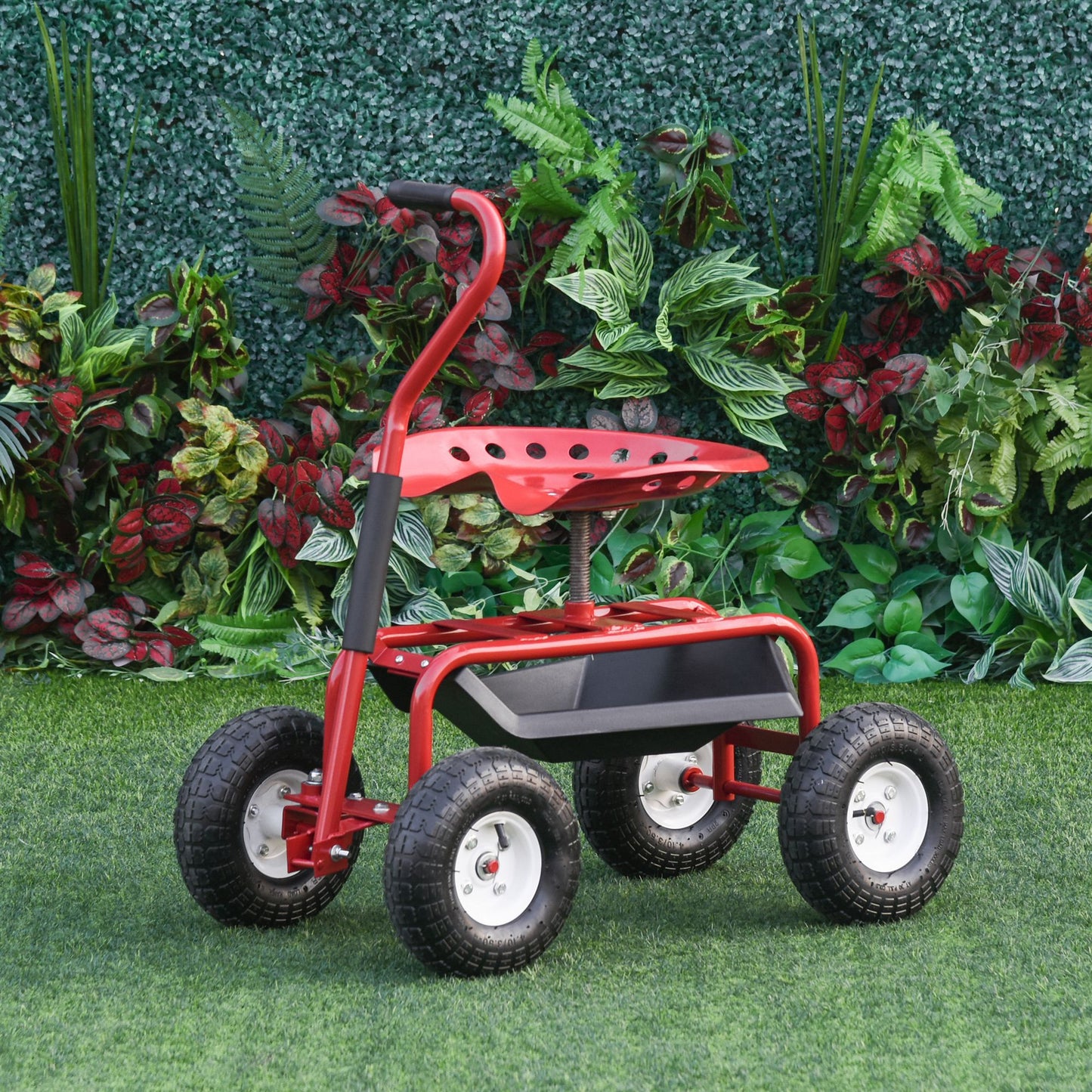 Outsunny Garden Cart, Rolling Scooter with Swivel and Adjustable Seat, Tool Tray, Bucket Basket, Red and Black | Aosom Canada
