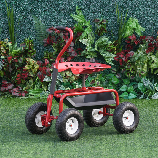 Outsunny Garden Cart, Rolling Scooter with Swivel and Adjustable Seat, Tool Tray, Bucket Basket, Red and Black | Aosom Canada