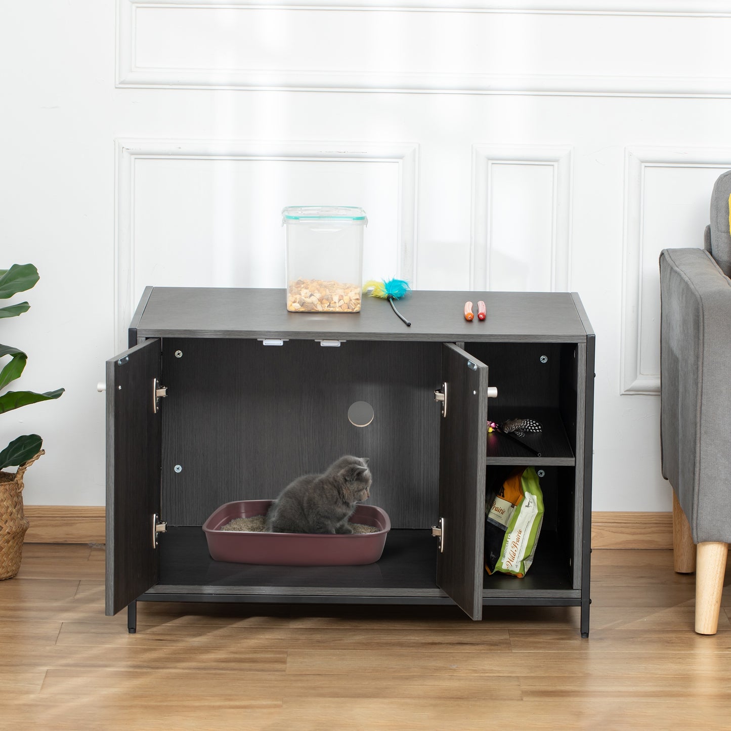 PawHut Cat Litter Box Enclosure Hidden Cat Furniture Cabinet Indoor Cat Washroom Double-door Nightstand End Table, Black | Aosom Canada