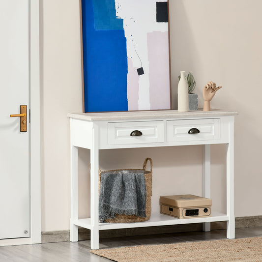 HOMCOM Console Table with 2 Storage Drawers and Open Shelf, Vintage Distressed Sofa Table for Hallway, Living Room, Bedroom, White | Aosom Canada