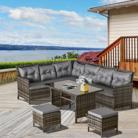 Outsunny 6pcs Outdoor Rattan Sofa Set Garden Wicker Sectional Couch Patio Furniture Set 8 Seats Dining Table and Chair Cushion Gery | Aosom Canada