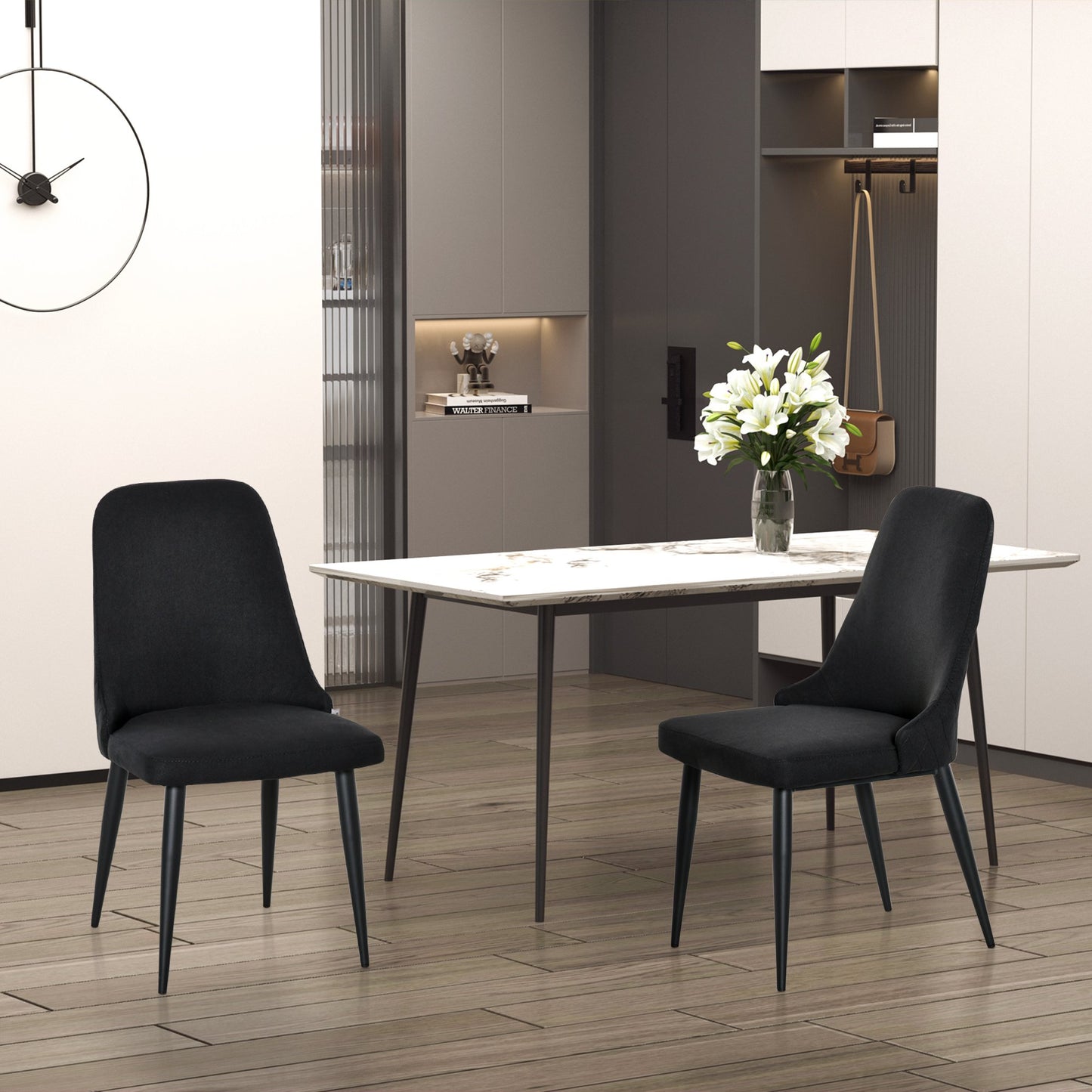 HOMCOM Modern Dining Chair Set of 2, Fabric Upholstered Side Chairs for Kitchen Living Room with Metal Legs, Black | Aosom Canada