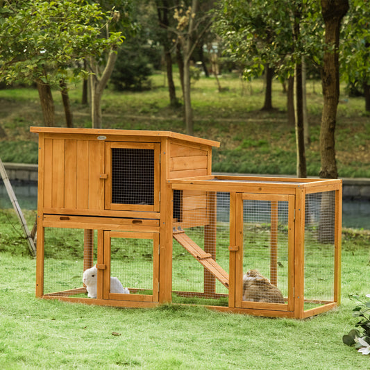 PawHut 55.5" Wooden Rabbit Hutch 2 Tier Bunny House Pet Playpen Enclosure for Indoor Outdoor with Openable Roof, Orange | Aosom Canada