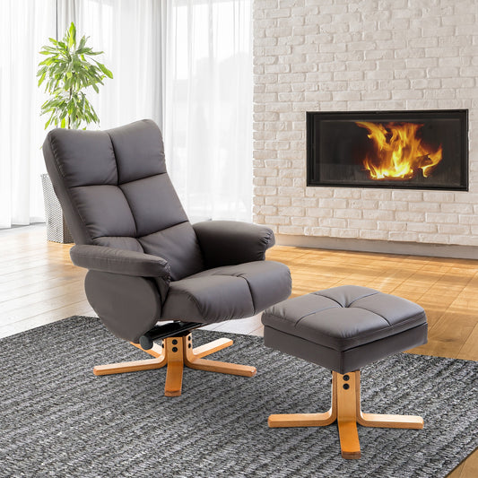 HOMCOM Leather Recliner and Ottoman Set Swivel Lounge Chair Storage Footrest Wood Base Living Room Furniture Brown | Aosom Canada