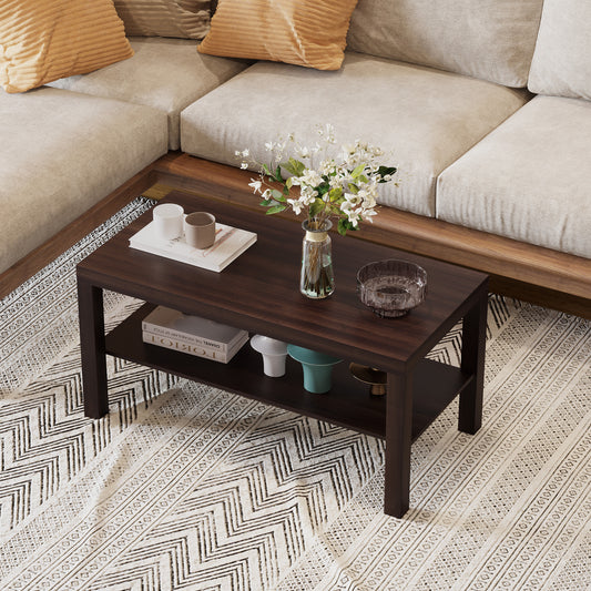 HOMCOM 2 Tier Coffee Table with Storage Shelf, Rectangular Center Table for Living Room, Home Office Furniture Walnut | Aosom Canada