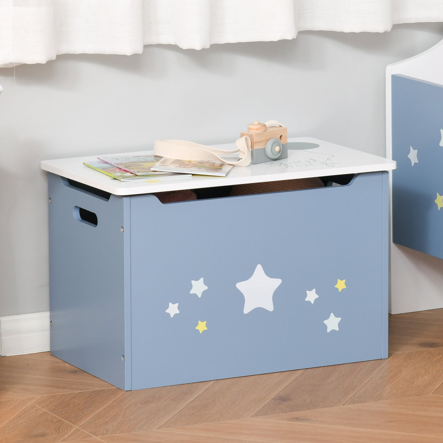 Qaba Kids Wooden Toy Storage Box Organizer Chest with Gas Stay Bar Seating Bench 21.75" x 13.5" x 14" Blue | Aosom Canada