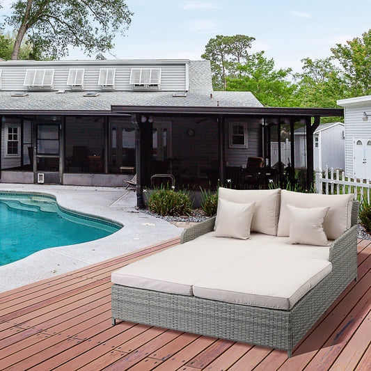 Outsunny Patio PE Rattan Double Lounge Daybed, Outdoor Wicker Armrests Chaise Lounge Furniture, Beige | Aosom Canada