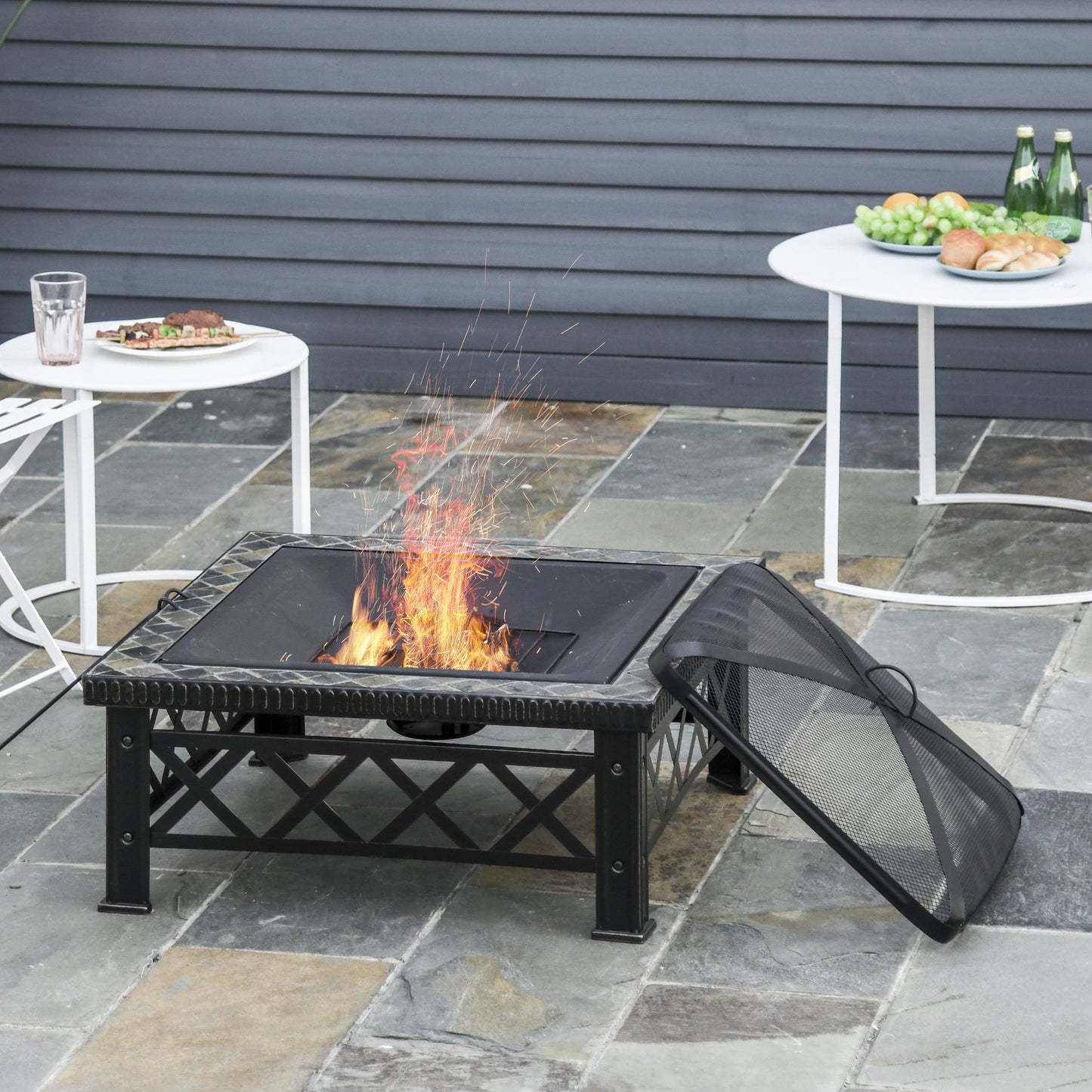 Outsunny 30" Outdoor Steel Square Firepit Square Stove with Spark Screen Cover, Log Grate, Poker, Grill Net for Patio | Aosom Canada