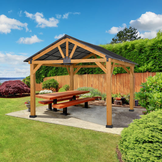 Outsunny 13' x 11' Wooden Gazebo Canopy Outdoor Sun Shade Shelter w/ Steel Roof, Solid Wood, Black & Natural | Aosom Canada