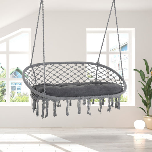 Outsunny Hammock Chair Hanging Rope Swing with Metal Frame and Cushion, Large Macrame Seat for Indoor and Outdoor, Dark Grey | Aosom Canada