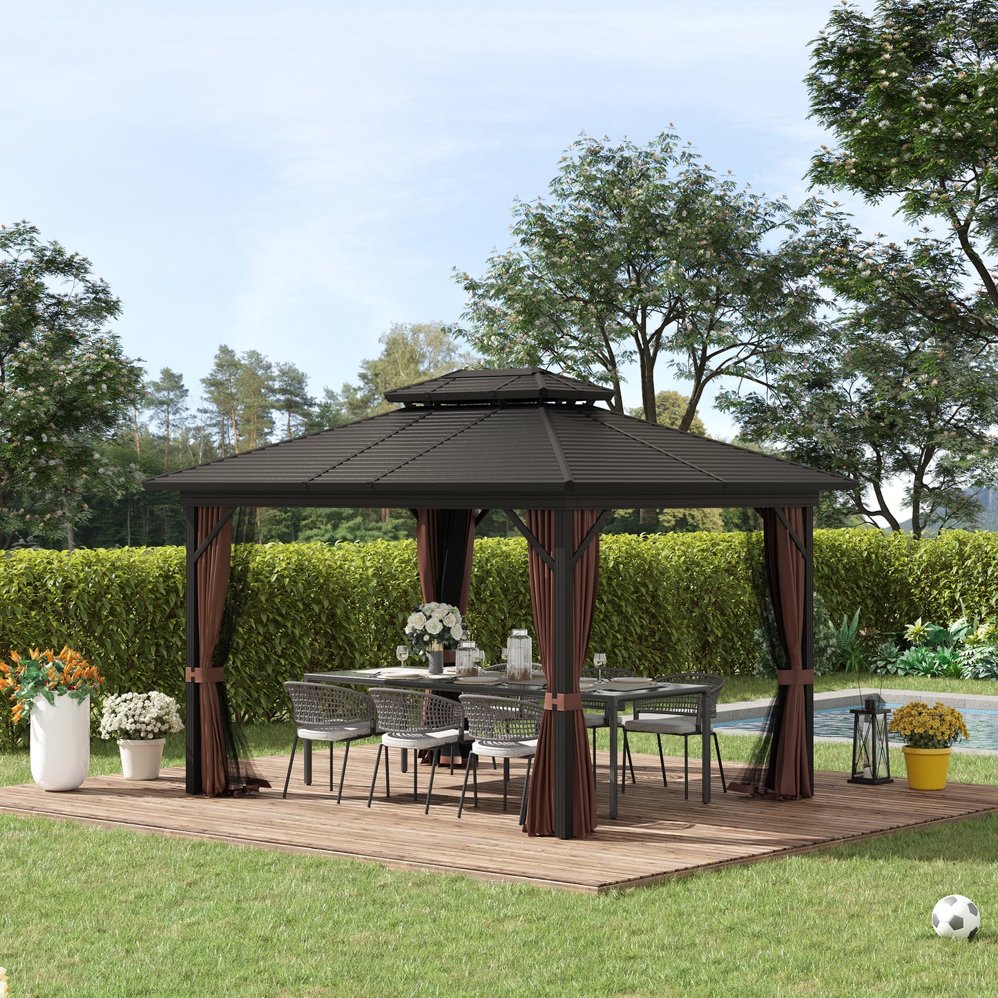 Outsunny 12' x 10' Steel Hardtop Gazebo Garden Sun Shelter with Mosquito Netting and Curtains Hanging Hook Aluminum Frame Brown | Aosom Canada