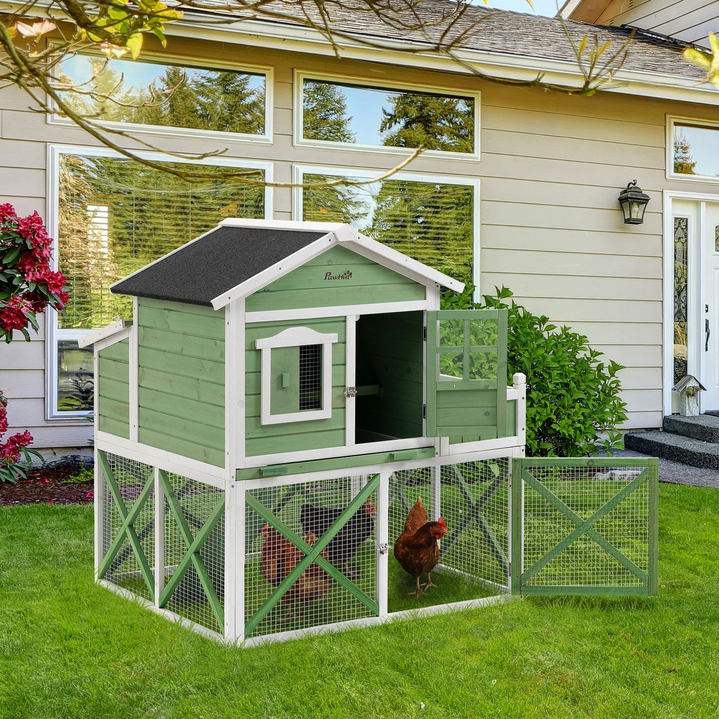 PawHut 44" Chicken Coop, Wooden Hen Run House, Rabbit Hutch with Nesting Box, Removable Tray, Asphalt Roof, Planting Lattice, Green | Aosom Canada