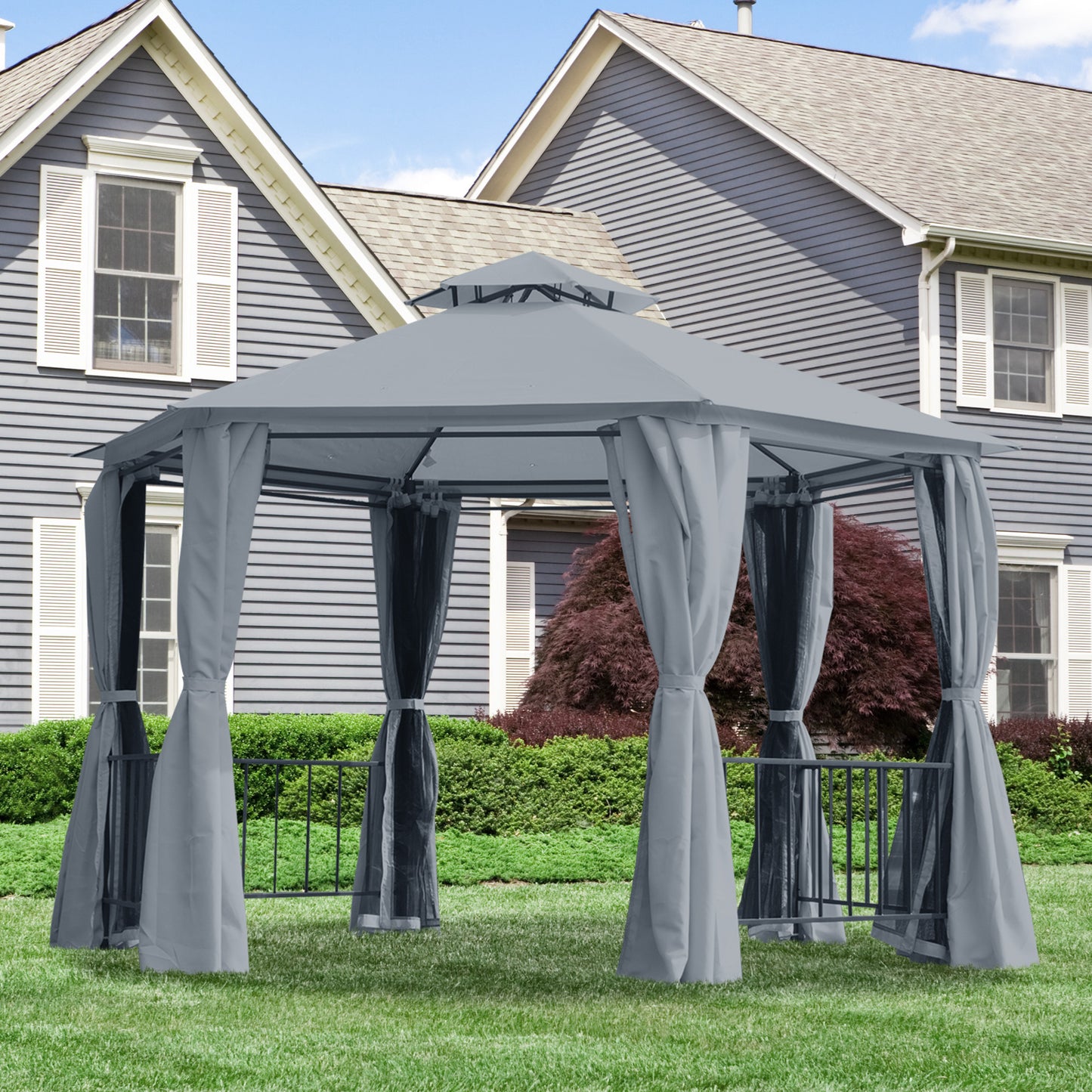 Outsunny 13ft Hexagon Gazebo Outdoor Canopy Shelter with Netting and Shaded Curtains Grey | Aosom Canada
