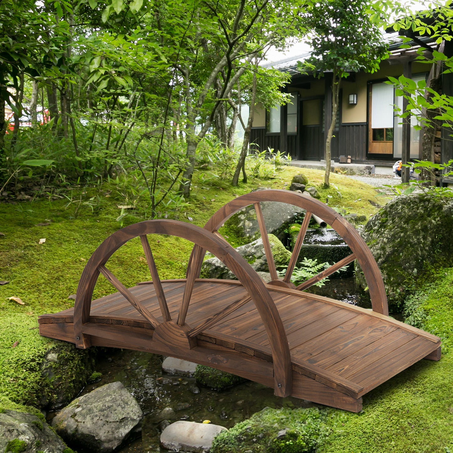 Outsunny 3.3ft Wooden Garden Bridge Arc Stained Finish Walkway with Half Wheeled Railings, Stained Wood | Aosom Canada