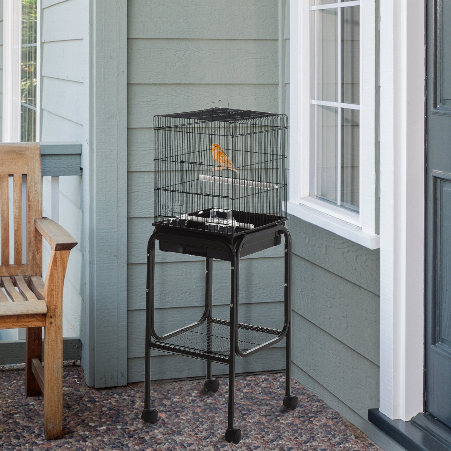 PawHut 44.5"H Metal Bird Cage Parrot Play Spot Stand w/ Wheel Storage Shelf Multi-doors Black | Aosom Canada
