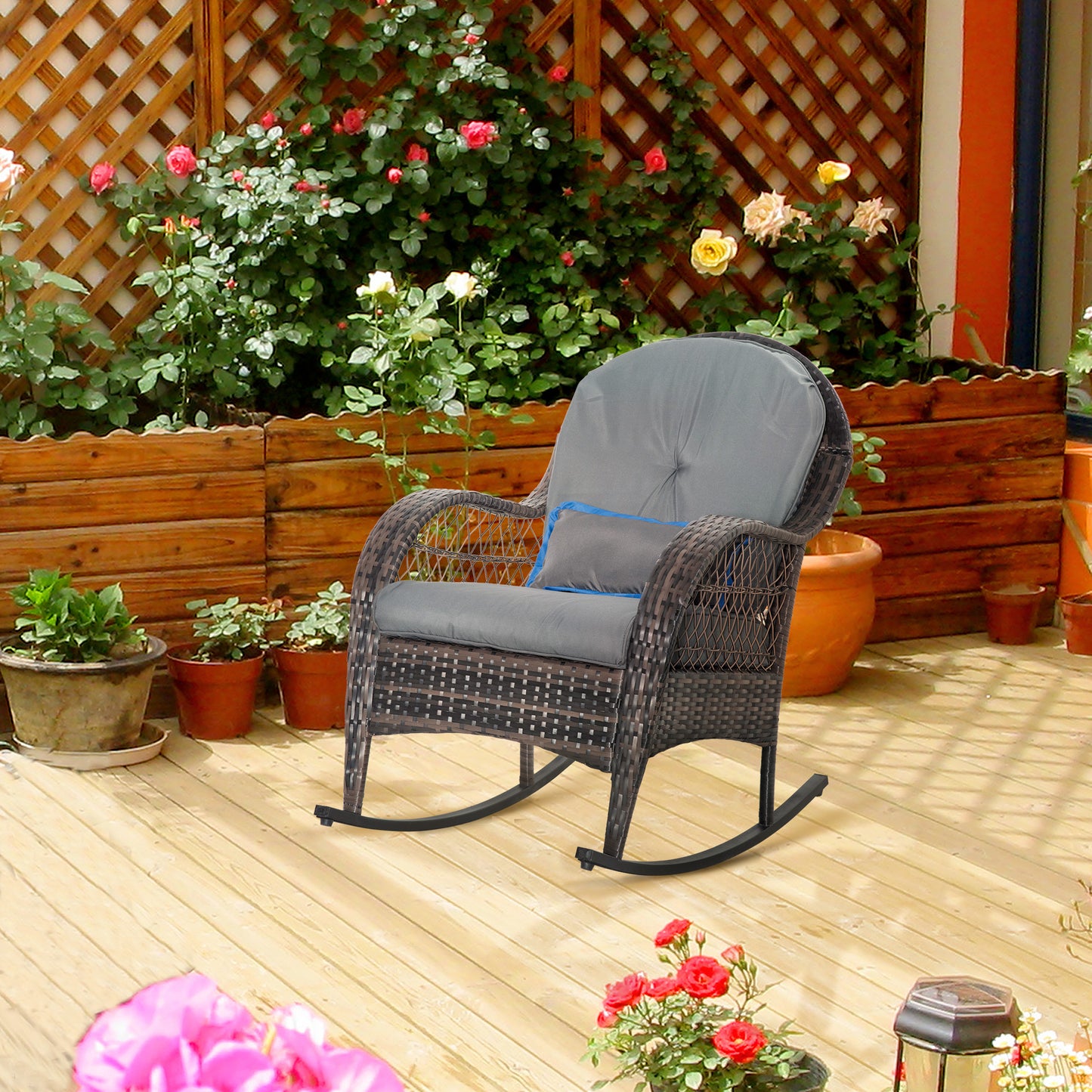 Outsunny PE Rattan Rocking Chair Garden Furniture Patio Relaxer Outdoor Wicker Conservatory w/ Cushion Grey | Aosom Canada