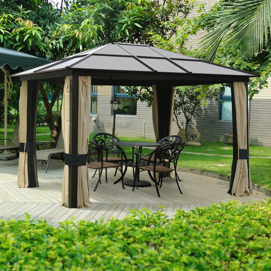 Outsunny 12'L x 10'W Hard Top Gazebo Canopy Sunshelter Waterproof Sun Shade with Sidewalls and Mosquito Netting | Aosom Canada