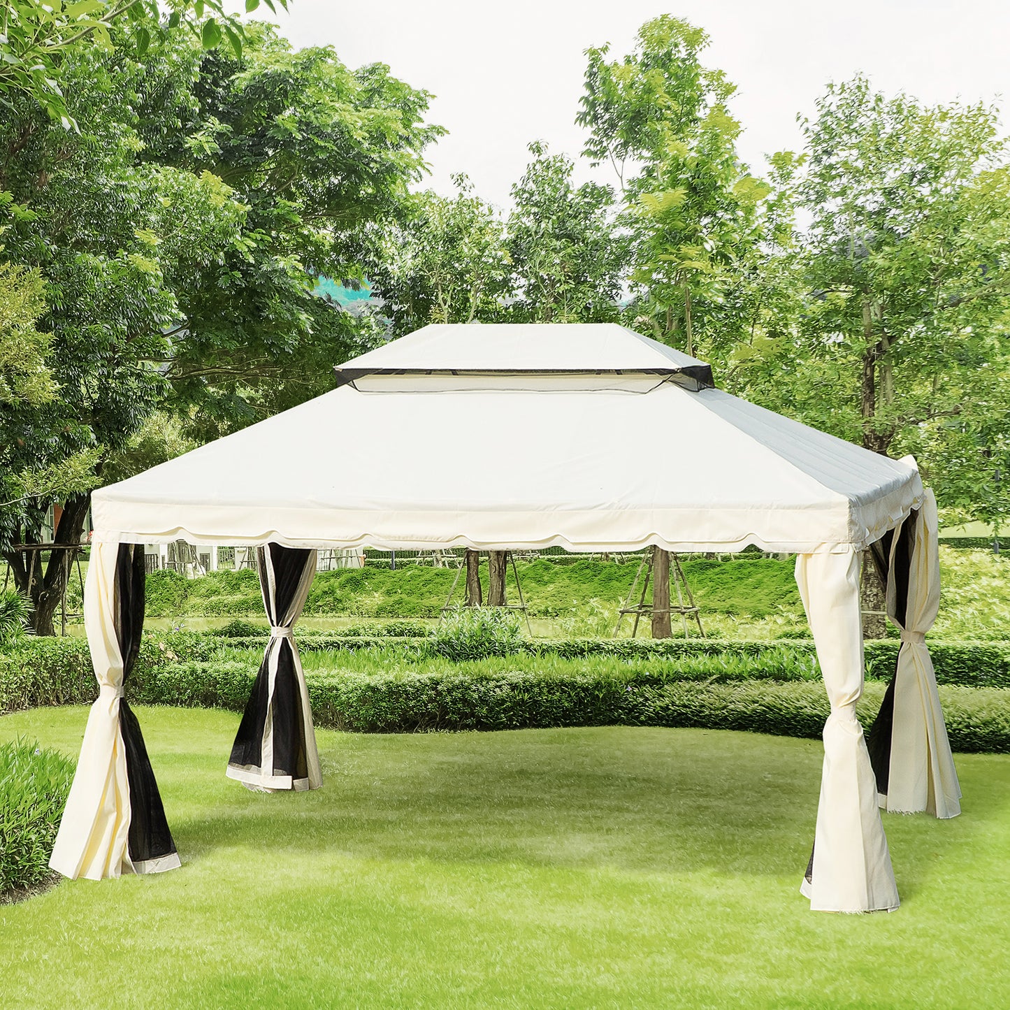 Outsunny 10 x 13ft Aluminum Frame Gazebo Canopy Double Tier Garden Shelter with Netting and Curtains, Cream White | Aosom Canada