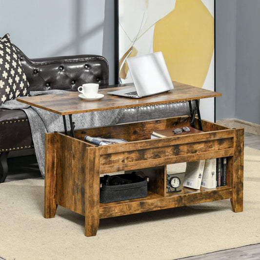 HOMCOM Lift Top Coffee Table with Hidden Storage Compartment and Open Shelves, Lift Tabletop Pop-Up Center Table, Rustic Brown | Aosom Canada