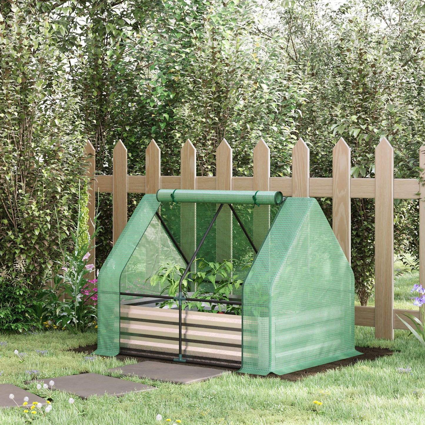 Outsunny Raised Garden Bed with Greenhouse, Steel Outdoor Planter Box with Plastic Cover, Roll Up Window, 50"x37.5"x36.25", Green | Aosom Canada