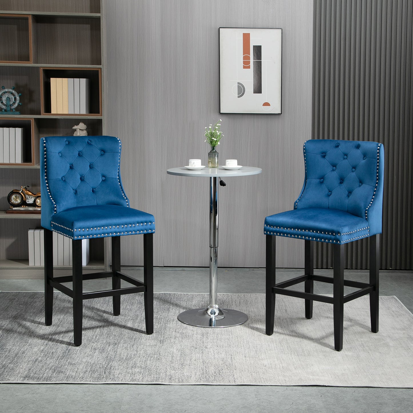 HOMCOM Upholstered Fabric Bar Stool Set of 2, Button Tufted 29.5" Seat Height Pub Chairs with Back & Wood Legs, Blue | Aosom Canada