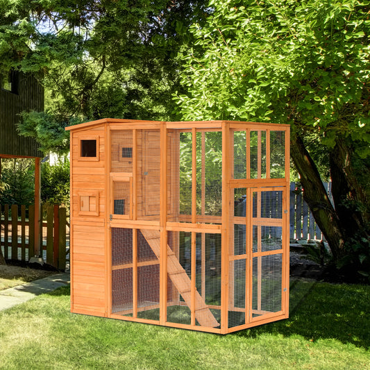 PawHut Large Wooden Outdoor Cat House with Large Run for Play, Catio for Lounging, and Condo Area for Sleeping, Natural | Aosom Canada