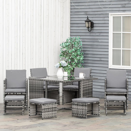 Outsunny 9 Piece Patio Wicker Dining Set Rattan Garden Sectional Sofa Outdoor Space-Saving Armchair & Ottoman Furniture Sets, Grey | Aosom Canada
