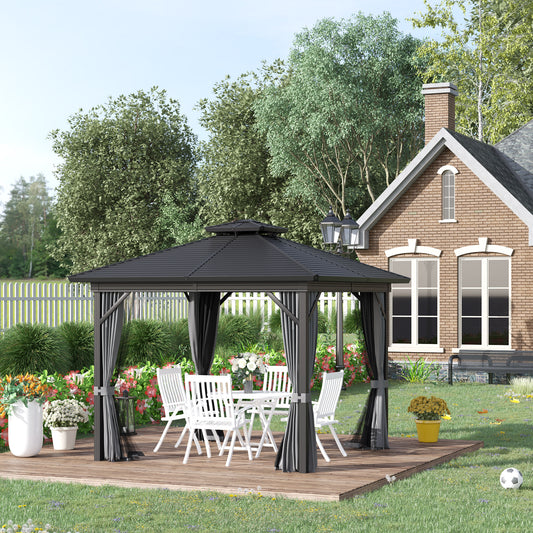 Outsunny 10' x 10' Steel Hardtop Gazebo Garden Sun Shelter with Mosquito Netting and Curtains Hanging Hook Aluminum Frame Black | Aosom Canada