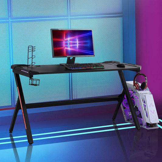 HOMCOM 47.25" Gaming Desk Racing Style Computer Table with LED Light Cup Gamepad Holder Headphone Hook, Black | Aosom Canada
