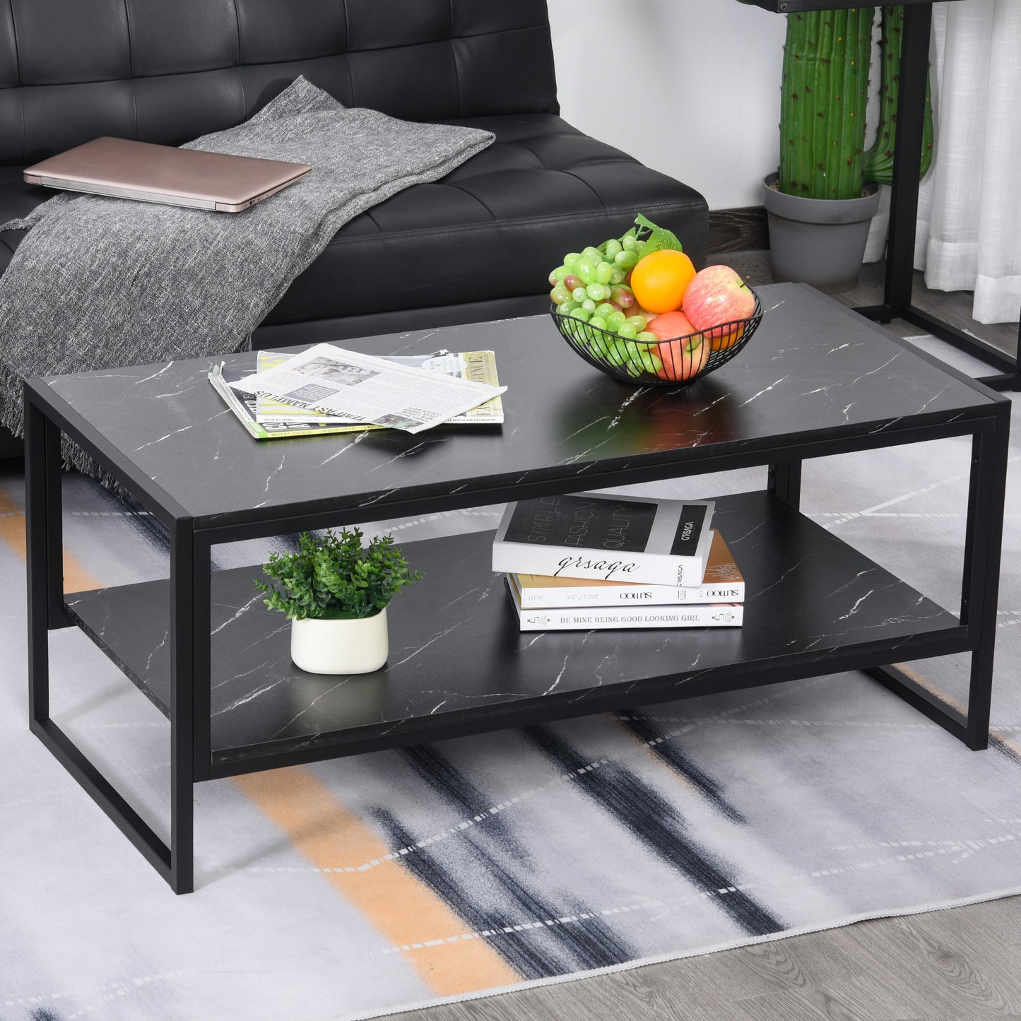 Homcom Metal Coffee Table Minimalist Particle Board  Modern Marble Texture End/Side Table Storage Shelf For Living Room Bedroom Black | Aosom Canada