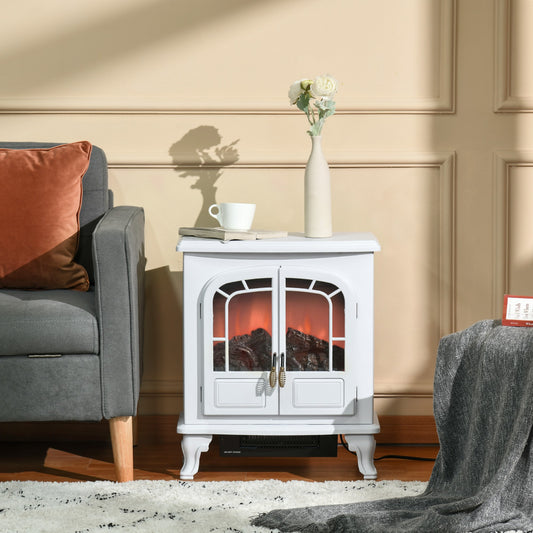 HOMCOM Electric Fireplace Stove Heater with LED Fire Flame Effect, Double Door, Freestanding & Portable, 750W/1500W, White | Aosom Canada