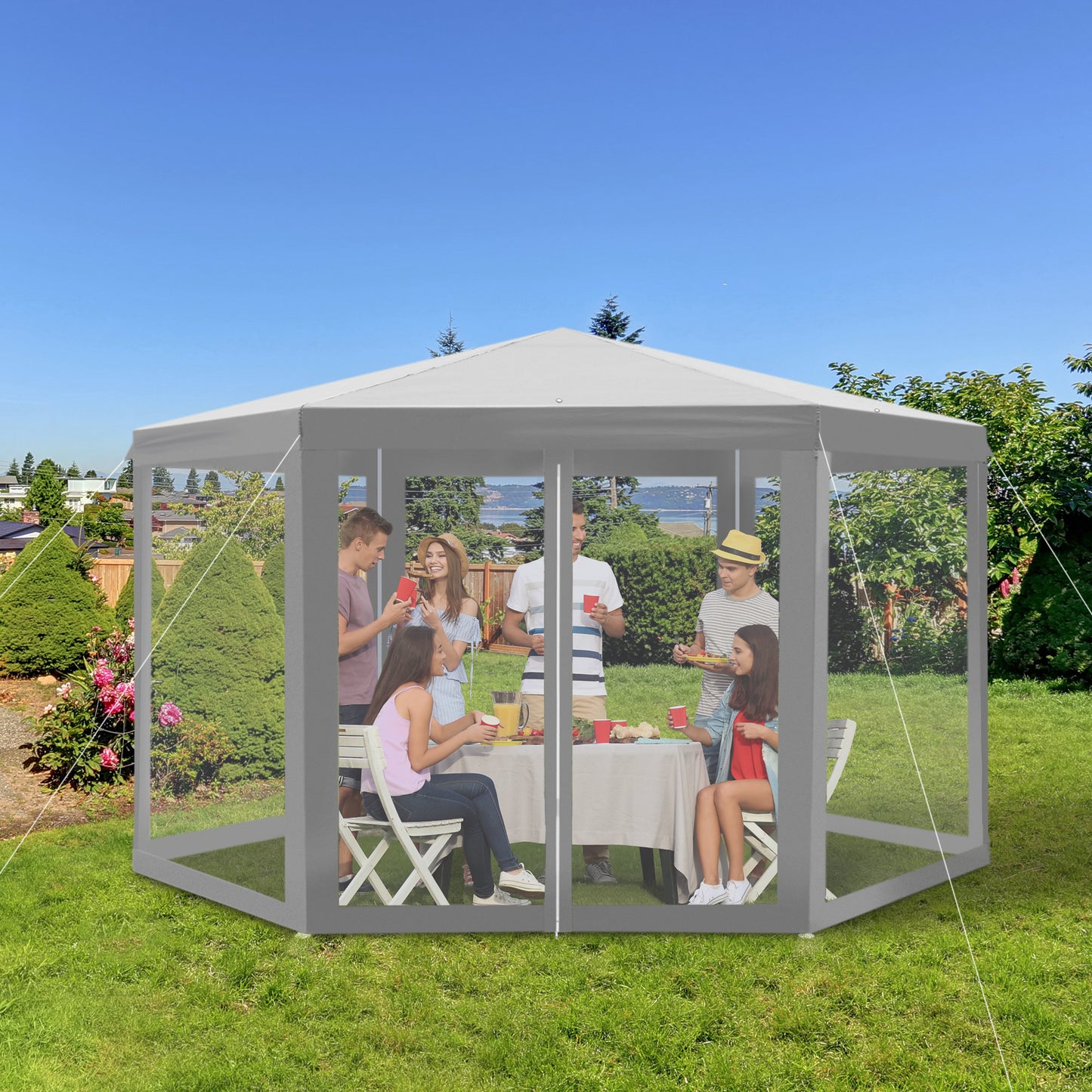 Outsunny Φ13' Hexagon Patio Gazebo Tent Garden Party Outdoor Activity Event Canopy Quick Sun Shelter Pavilion, White | Aosom Canada