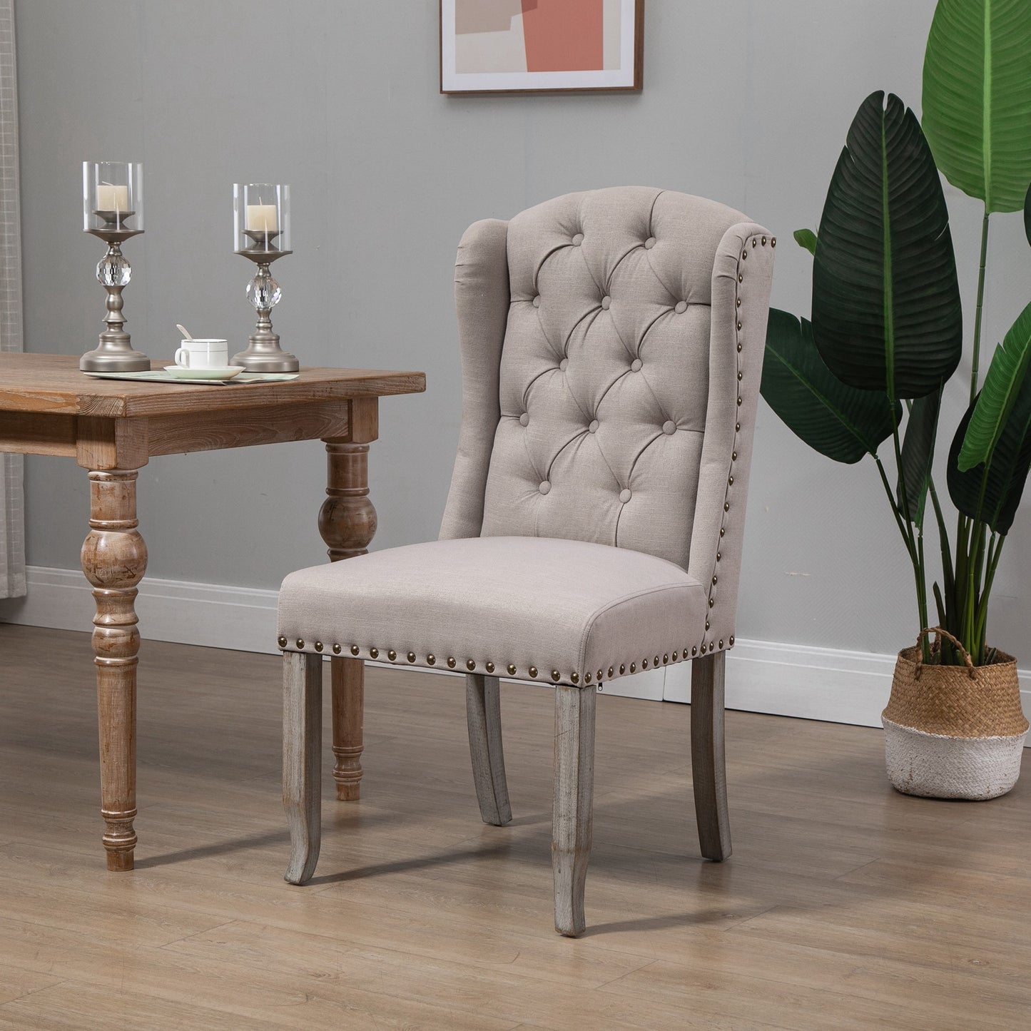 HOMCOM Fabric Dining Chair, Upholstered Accent Chair with Tufted Wingback, Nailhead Trim & Wood Legs for Living Room, Kitchen, Beige | Aosom Canada