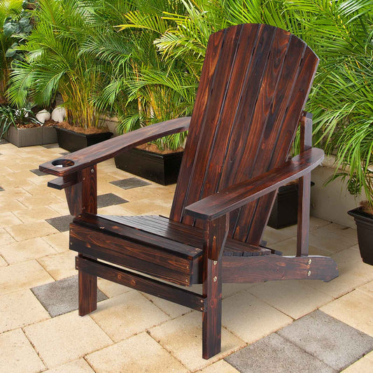 Outsunny Outdoor Classic Wooden Adirondack Deck Lounge Chair with Ergonomic Design & a Built-In Cup Holder, Brown | Aosom Canada