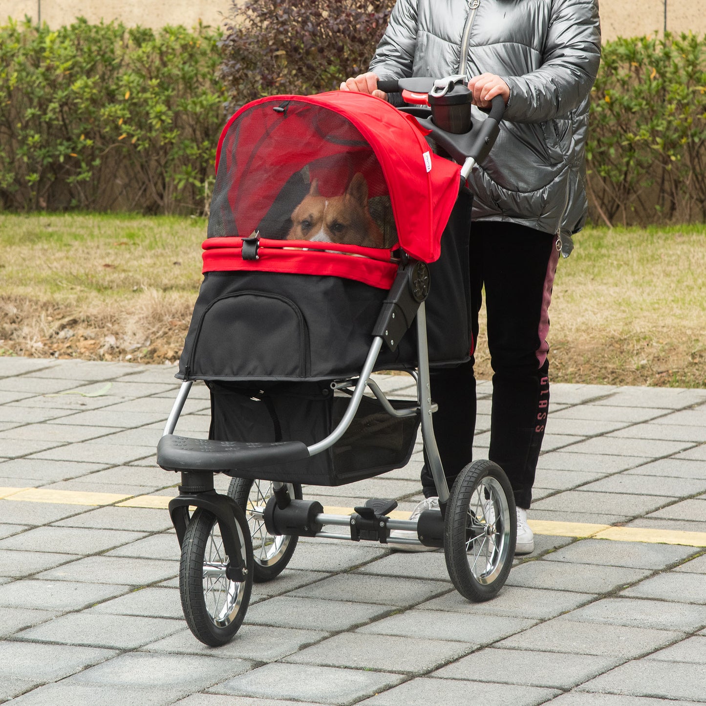 PawHut Luxury One-click Folding Pet Stroller Dog/Cat Travel Carriage with Wheels Adjustable Canopy Zippered Mesh Window Door Red | Aosom Canada