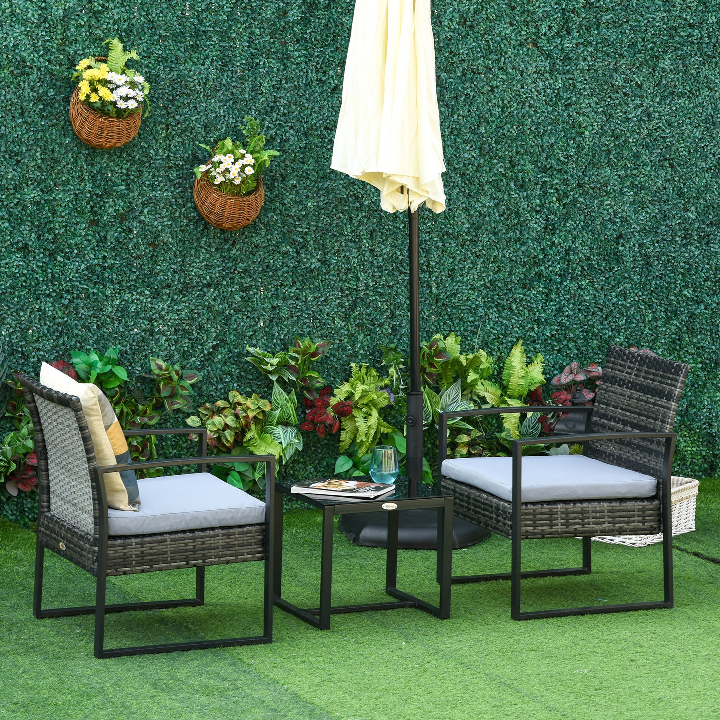 Outsunny 3pc Rattan Wicker Coffee Table Set Outdoor Garden Chair & Tea Table Set with Cushions Patio Furniture Grey | Aosom Canada