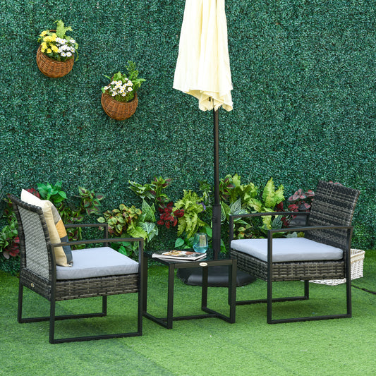 Outsunny 3pc Rattan Wicker Coffee Table Set Outdoor Garden Chair & Tea Table Set with Cushions Patio Furniture Grey | Aosom Canada