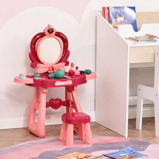 Qaba 36 Pcs Children Vanity Musical Dressing Table Kids Princess Mirror Make Up Desk With Stool for 3 Years Old Wine Red+Pink | Aosom Canada