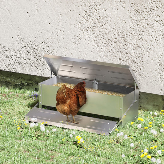 PawHut Automatic Chicken Feeder, 22.5 lbs Capacity Poultry Feeder with Self Opening Treadle, Lid, Silver | Aosom Canada