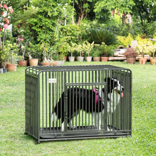 PawHut Heavy Duty Dog Crate, Foldable Pet Kennel Cage, with All Steel Frame Removable Tray, 4 Locking Wheels, Dark Silver | Aosom Canada