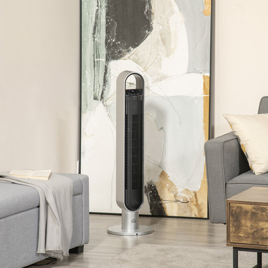 HOMCOM Freestanding Tower Fan Cooling for Home Bedroom with Oscillating, 3 Speed, 12h Timer, LED Sensor Panel, Silver | Aosom Canada