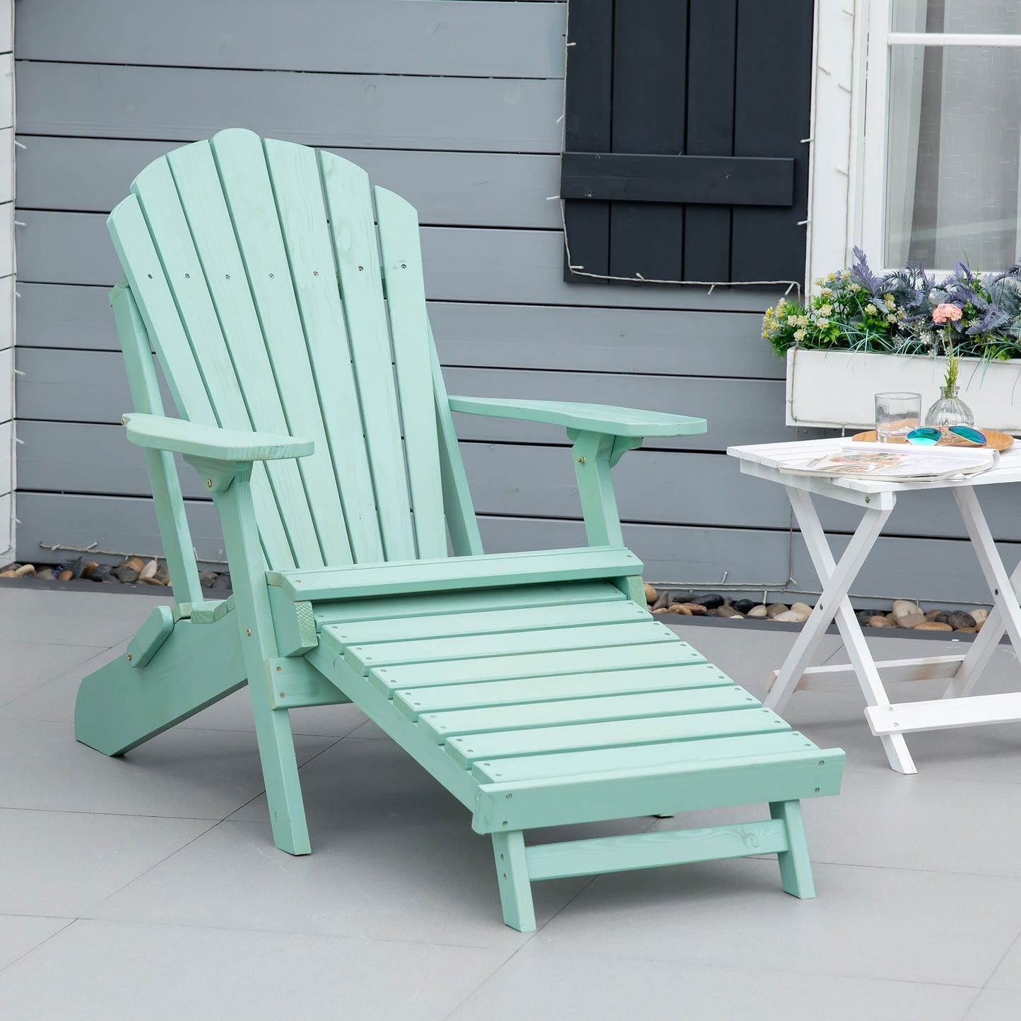 Outsunny Folding Adirondack Chair with Ottoman, Outdoor Wooden Lounger for Patio, Porch, Poolside, Garden, Green | Aosom Canada