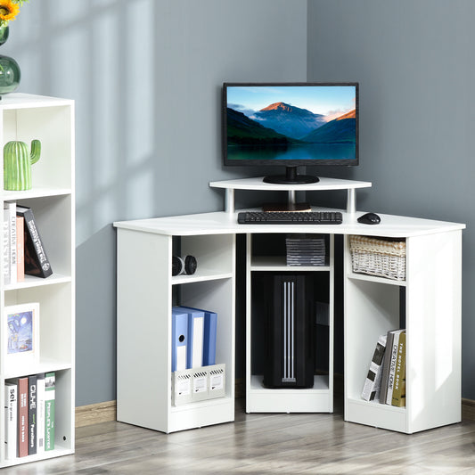 HOMCOM L-Shaped Computer Desk with Monitor Stand Home Office Corner Desk Study Workstation for 3 Hosts Hutch Shelf, White | Aosom Canada